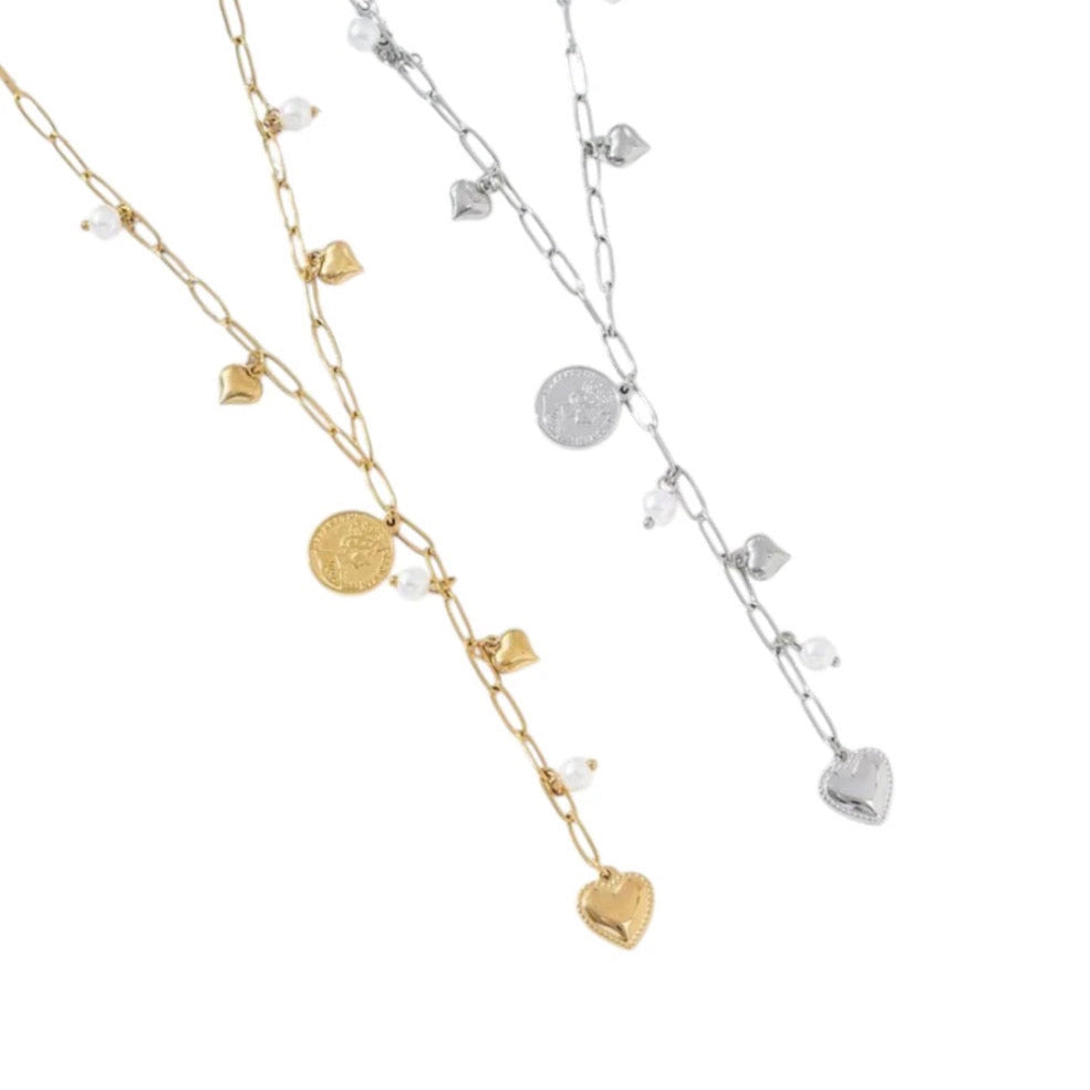 Y Hearts & Pearls Necklace Silver