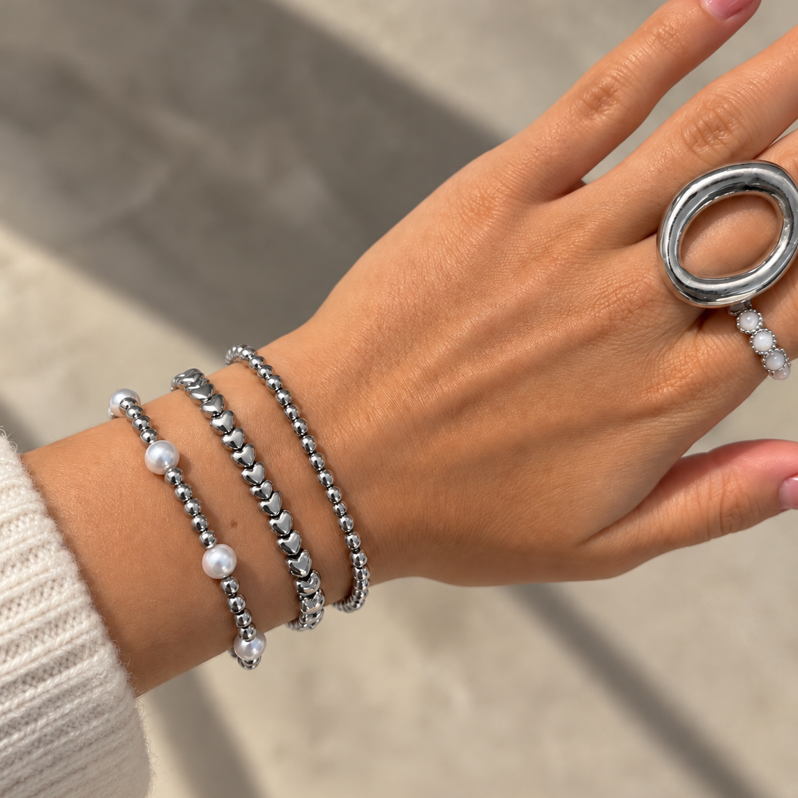 Heart Pearls Bracelet Silver