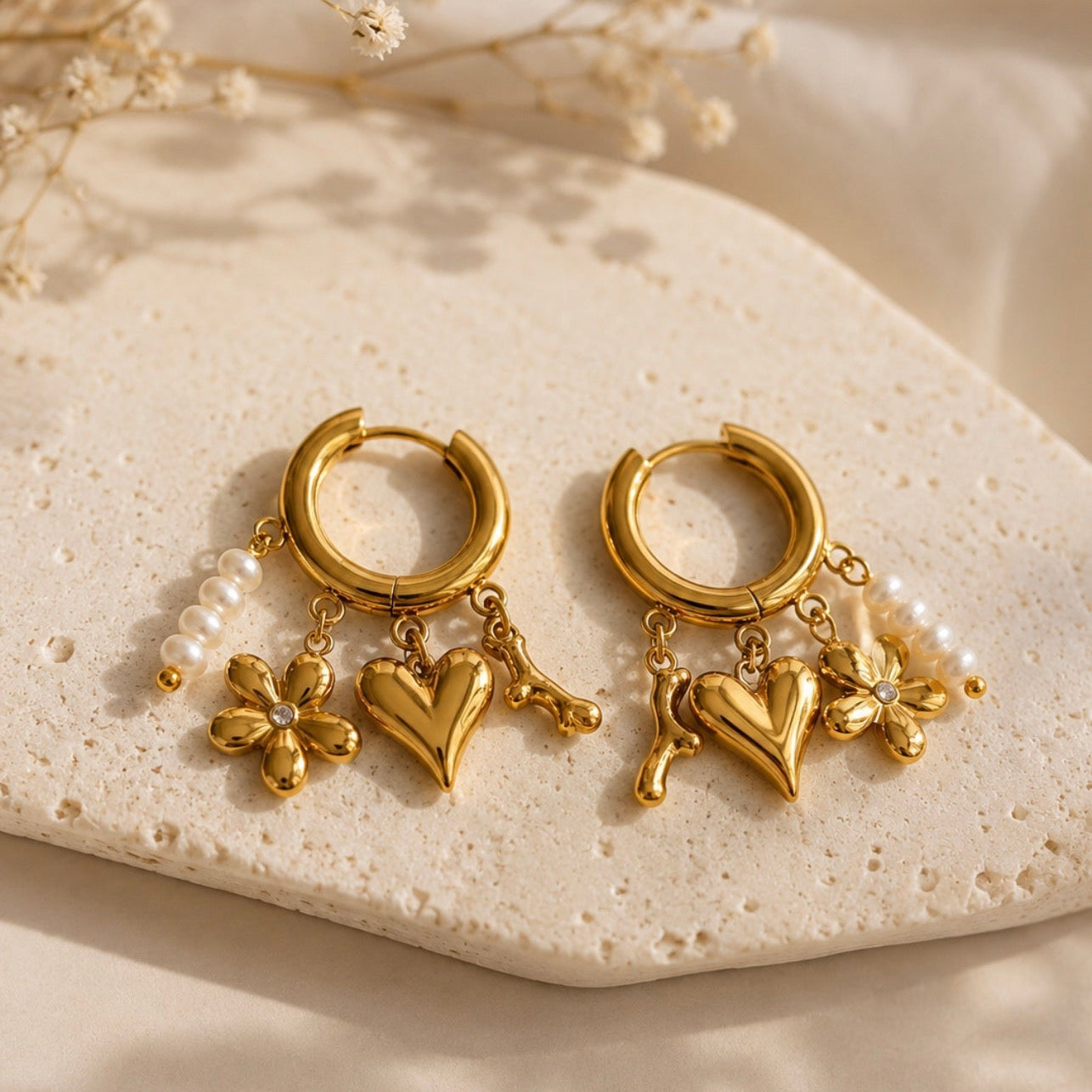 Heart Coral Pearl Earrings Gold