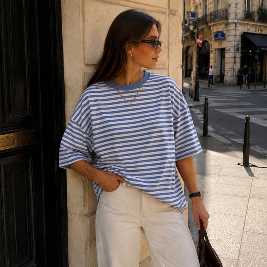 Eloise Striped T-shirt Light Denim and White