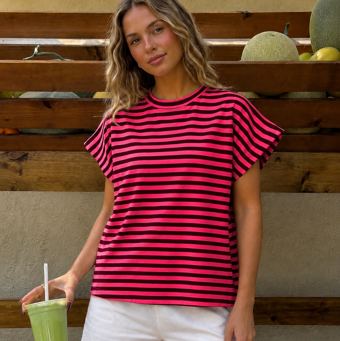 Elodie Striped T-shirt Bordeaux and Fluo Pink