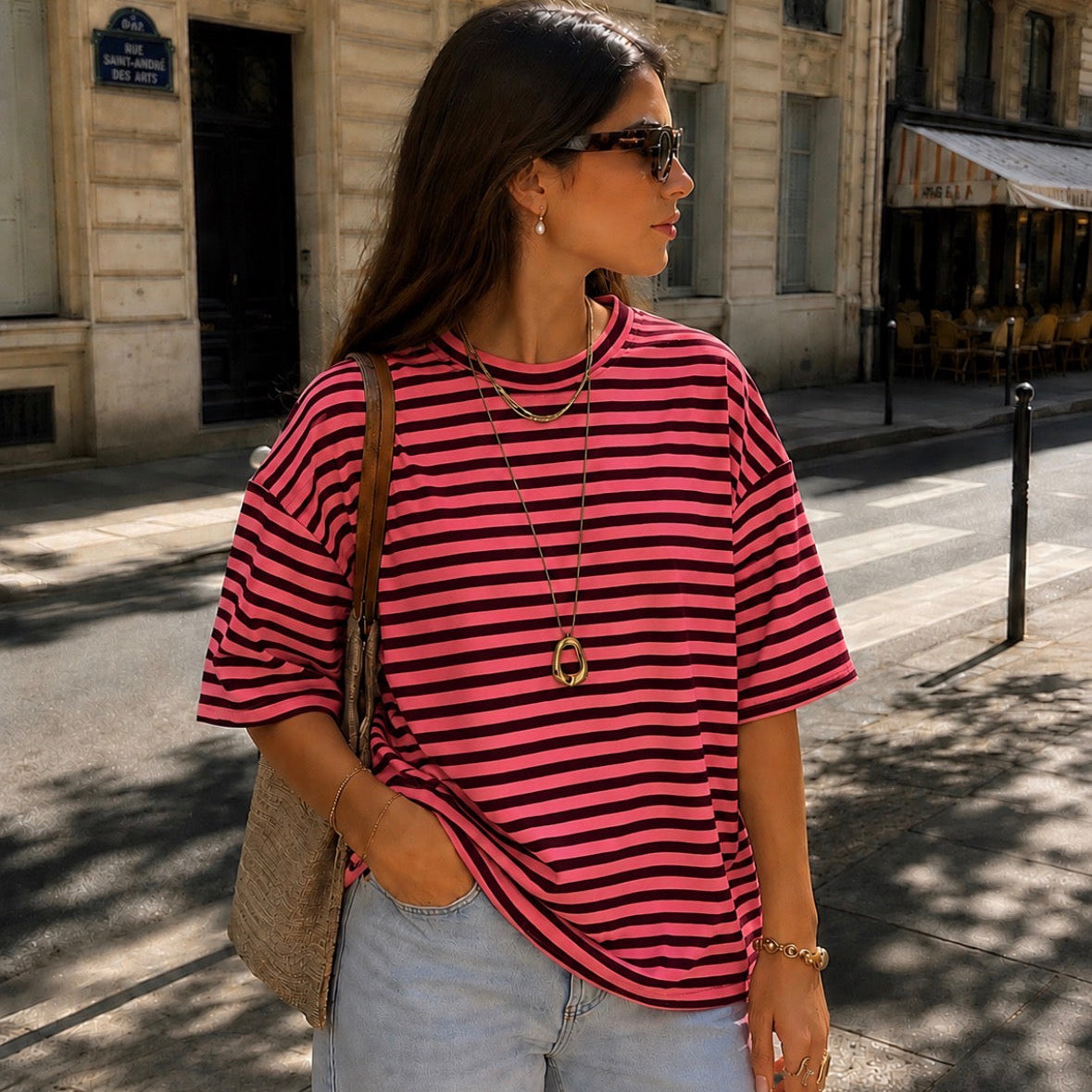 Eloise Striped T-shirt Bordeaux and Fluo Pink