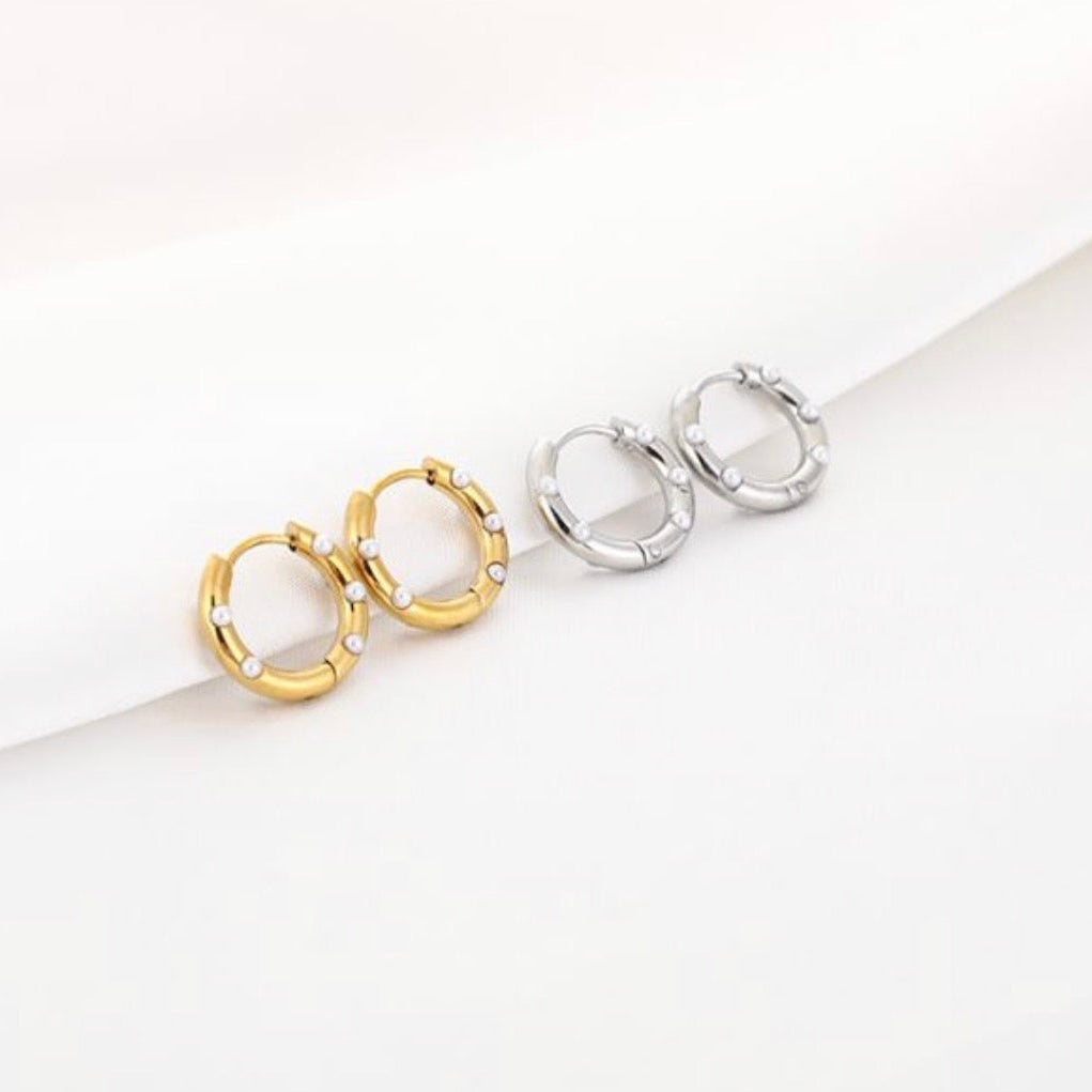 Small Mini Pearls Hoop Earrings Silver