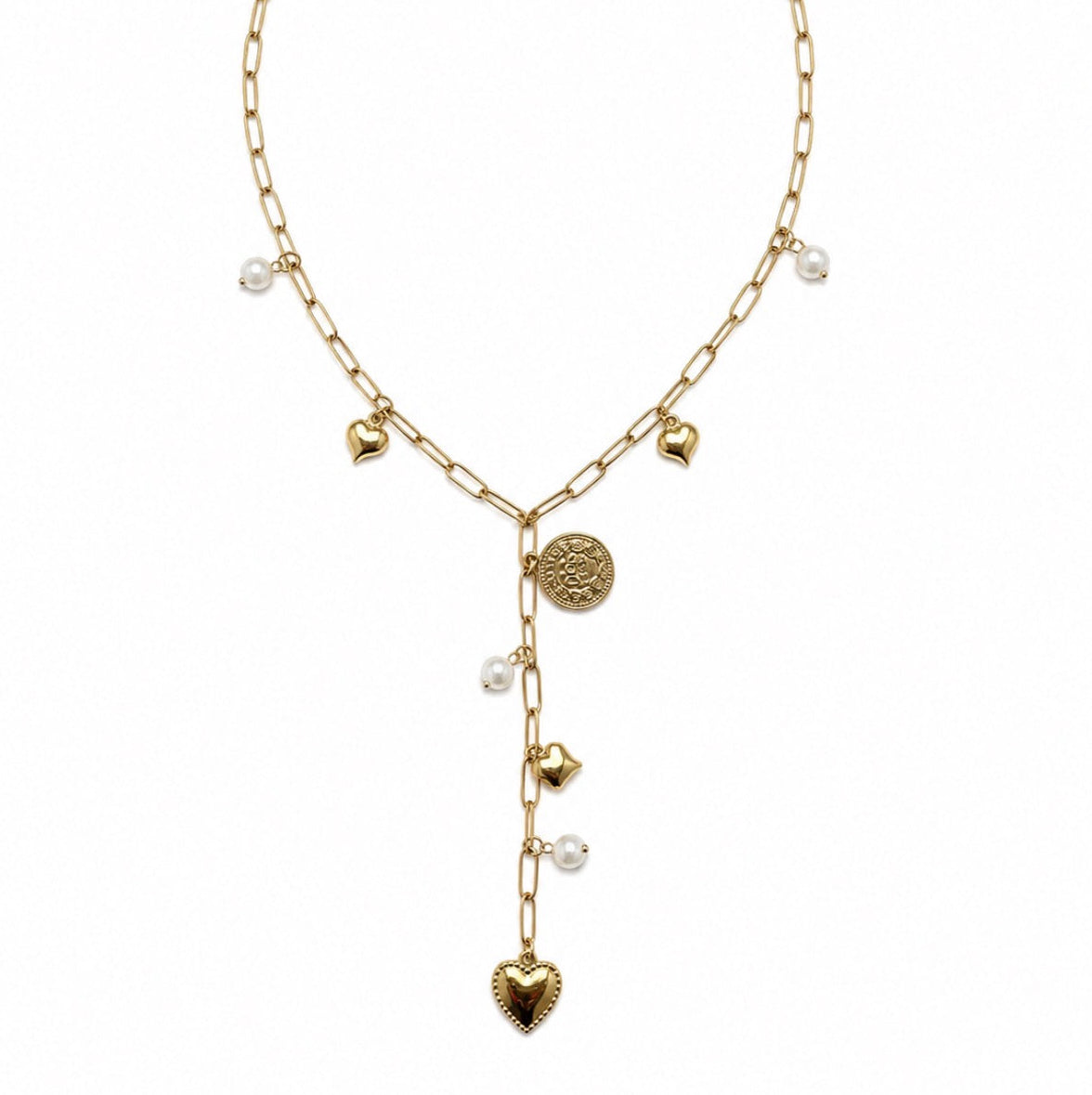 Y Hearts & Pearls Necklace Gold