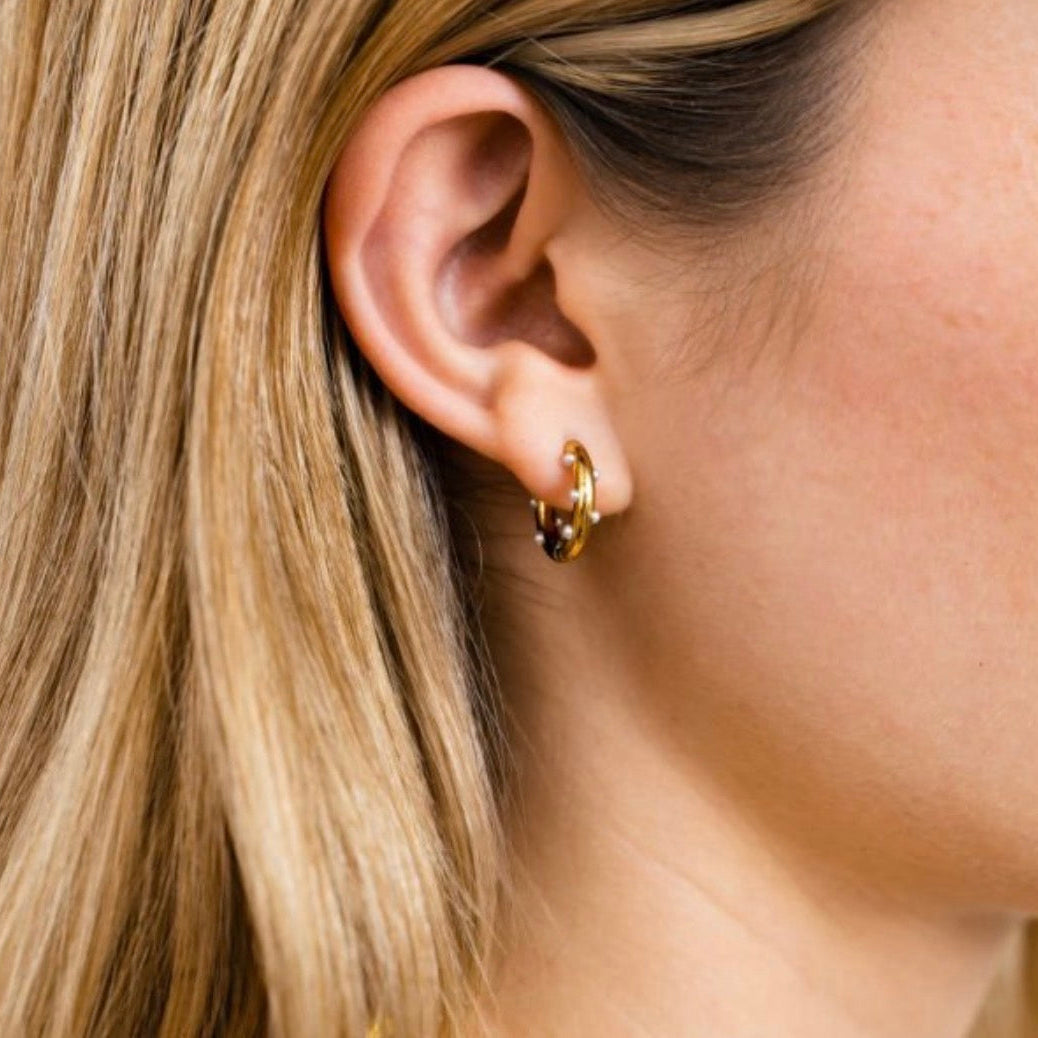 Small Mini Pearls Hoop Earrings Gold