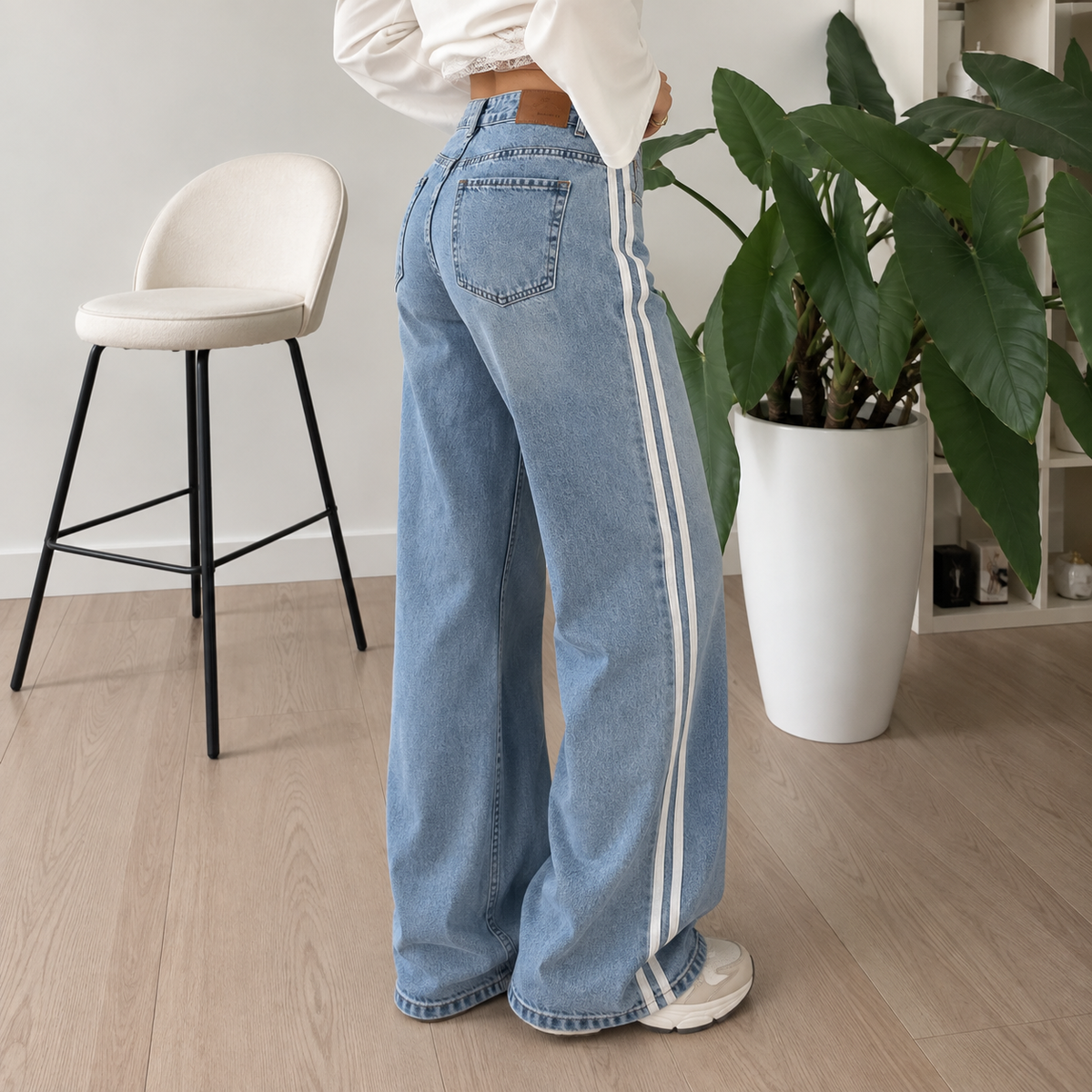 Striped Wide Leg Jeans Blue