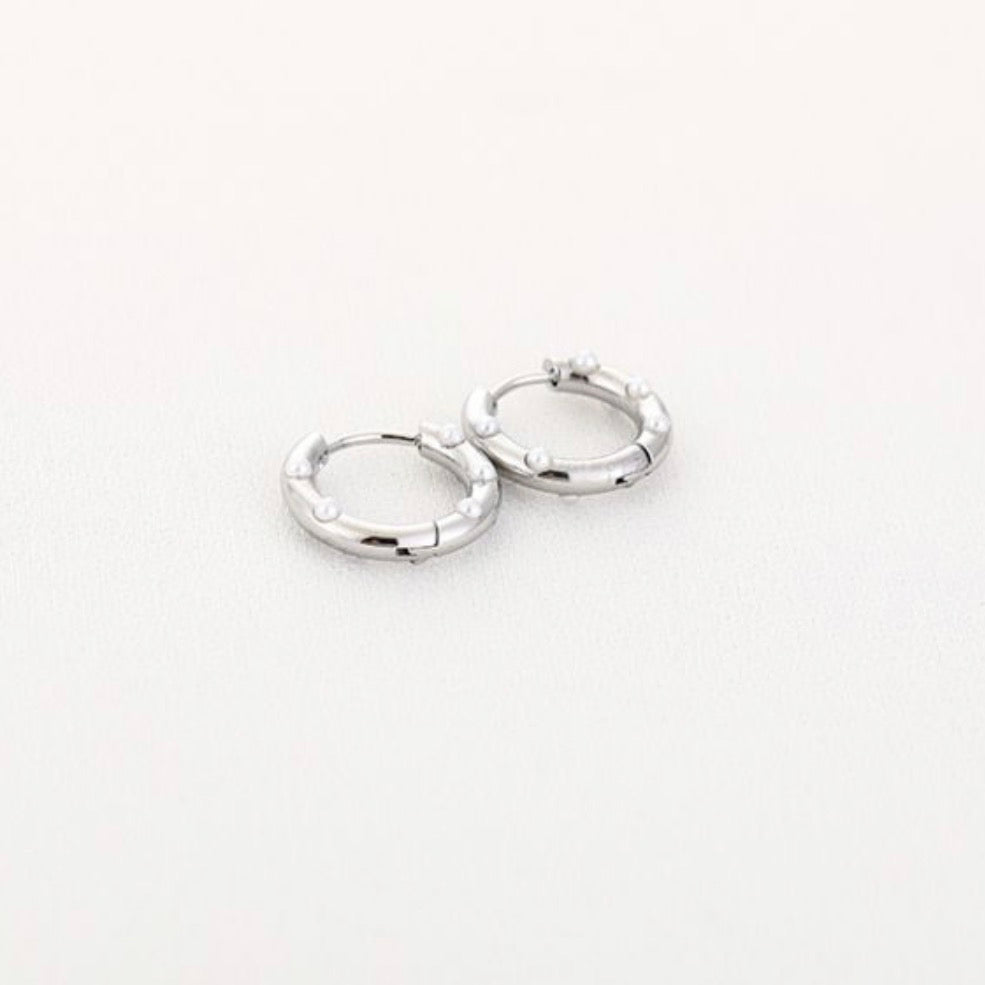Small Mini Pearls Hoop Earrings Silver