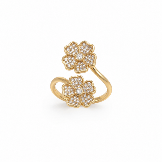 Double Flower Stones Ring Gold