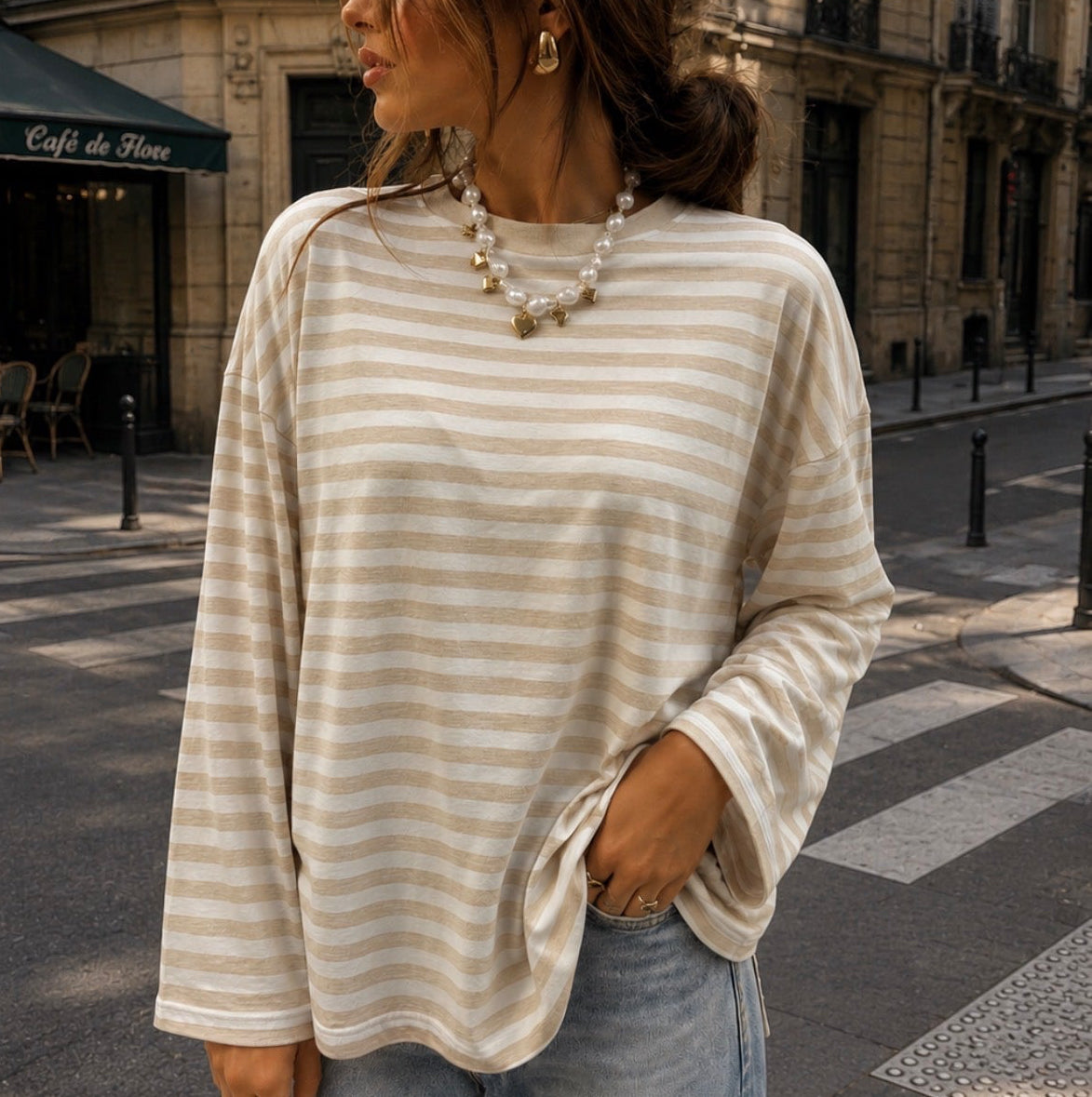 Tilly Long Sleeve White and Beige