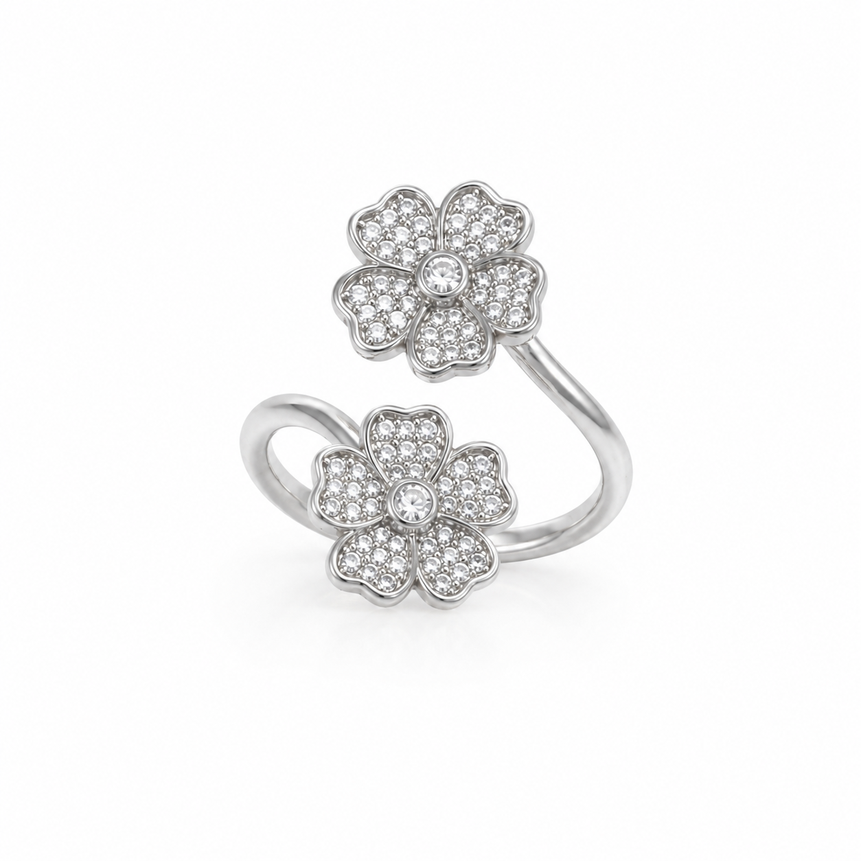 Double Flower Stones Ring Silver