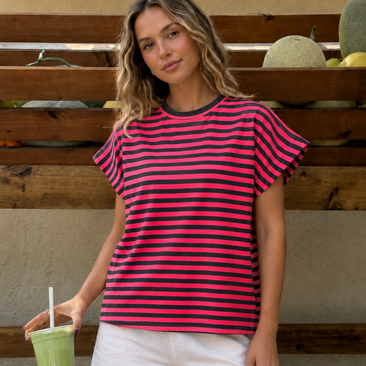 Elodie Striped T-shirt Dark Grey and Fluo Pink