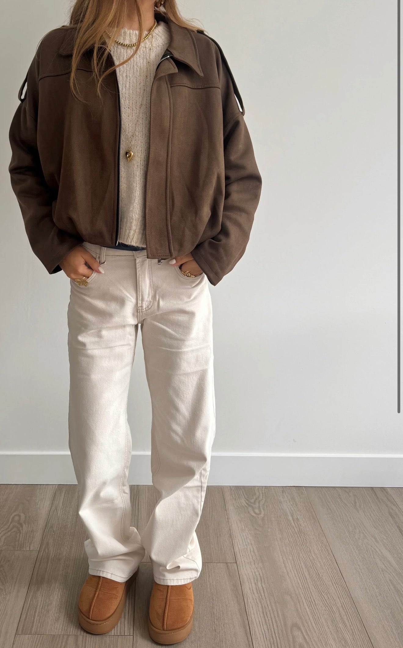 Mid Waist Straight Leg Jeans Beige