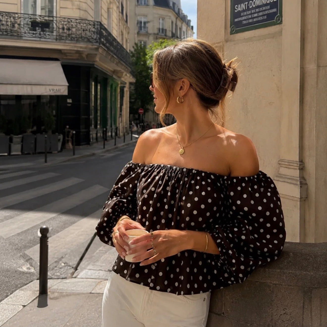 Polka dots Off-shoulder Blouse Beown