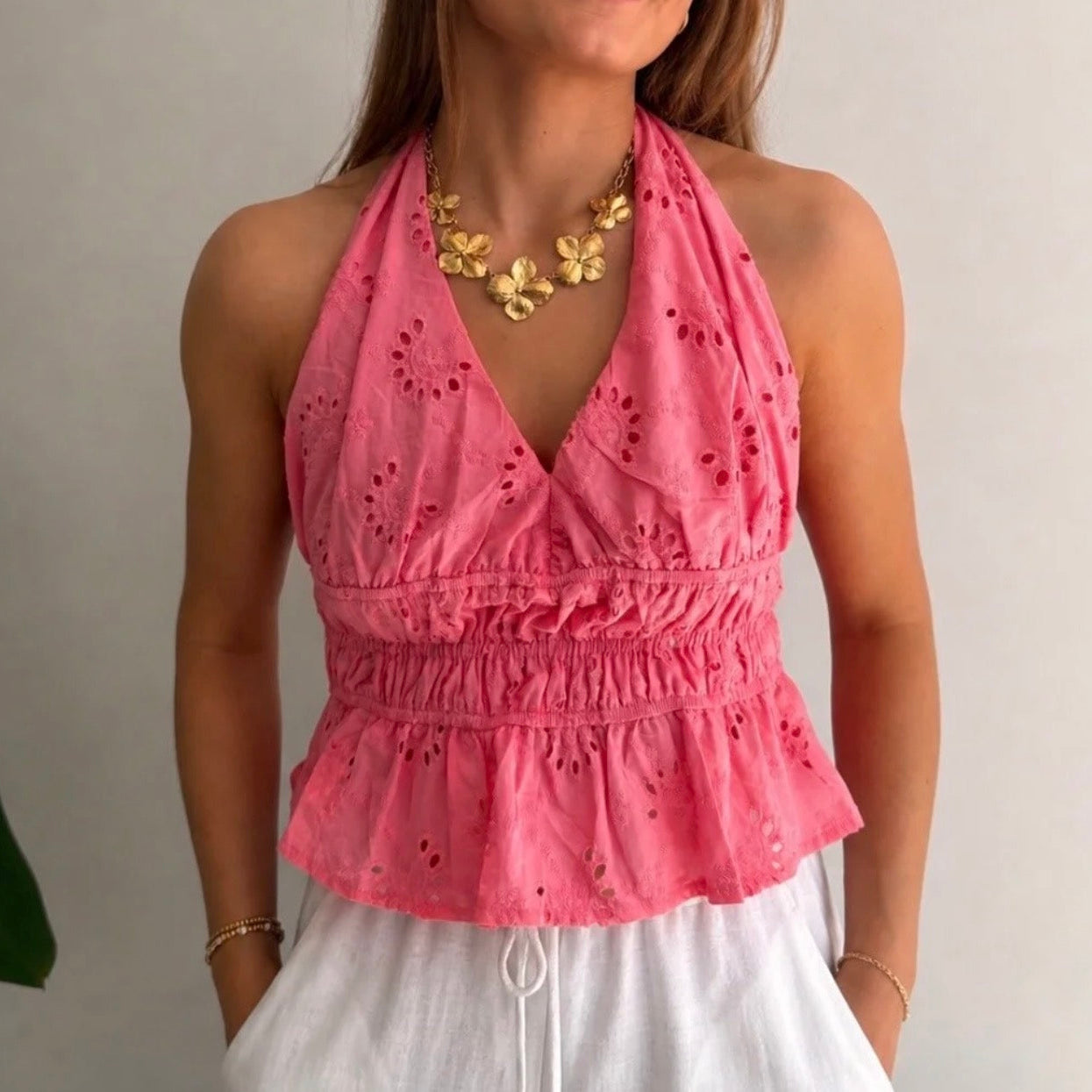 Lea Halter Blouse Coral