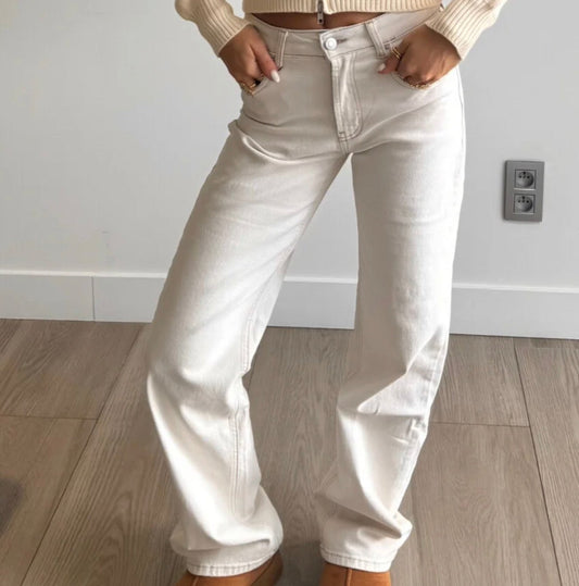 Mid Waist Straight Leg Jeans Beige