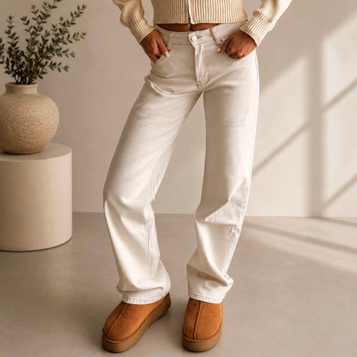 Mid Waist Straight Leg Jeans Beige