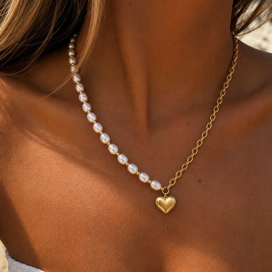 Pearl & Heart Necklace Gold